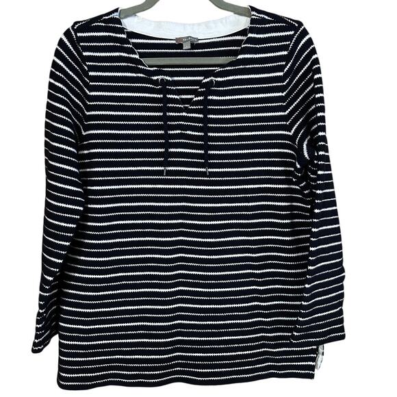Talbots Women's Dark Blue & White Striped Sweater with Tie Neck Size Large - Picture 1 of 6